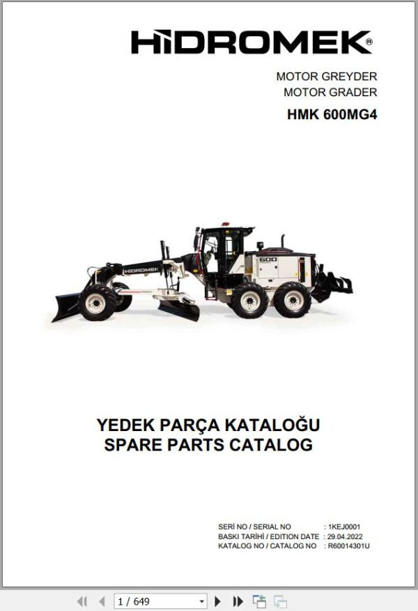 Hidromek Motor Grader HMK 600MG4 Spare Parts Catalog R60014301U EN TR