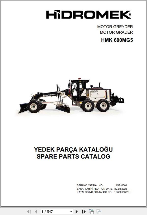 Hidromek Motor Grader HMK 600MG5 Spare Parts Catalog R60015301U EN TR