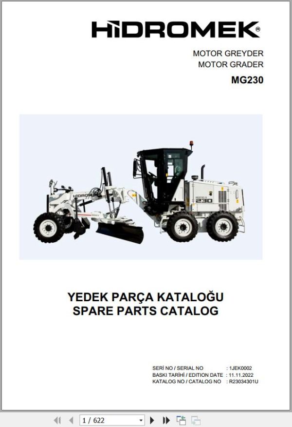 Hidromek Motor Grader HMK MG230 Spare Parts Catalog R23034301U EN TR