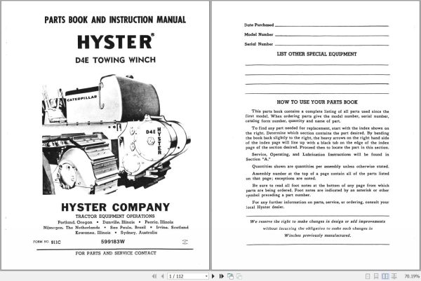 Hyster Towing Winch D4E Parts Book Instruction Manual 911C 1