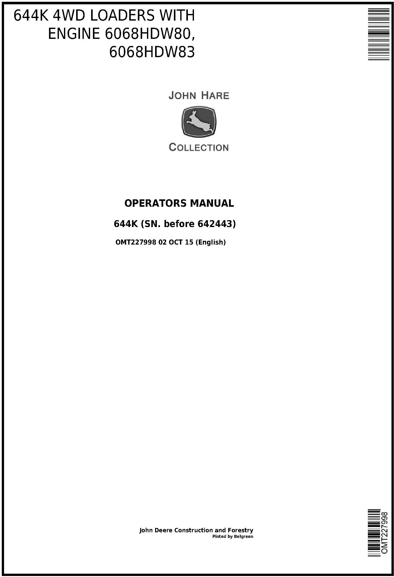 John Deere 644K 4WD Loader Operator Manual OMT227998