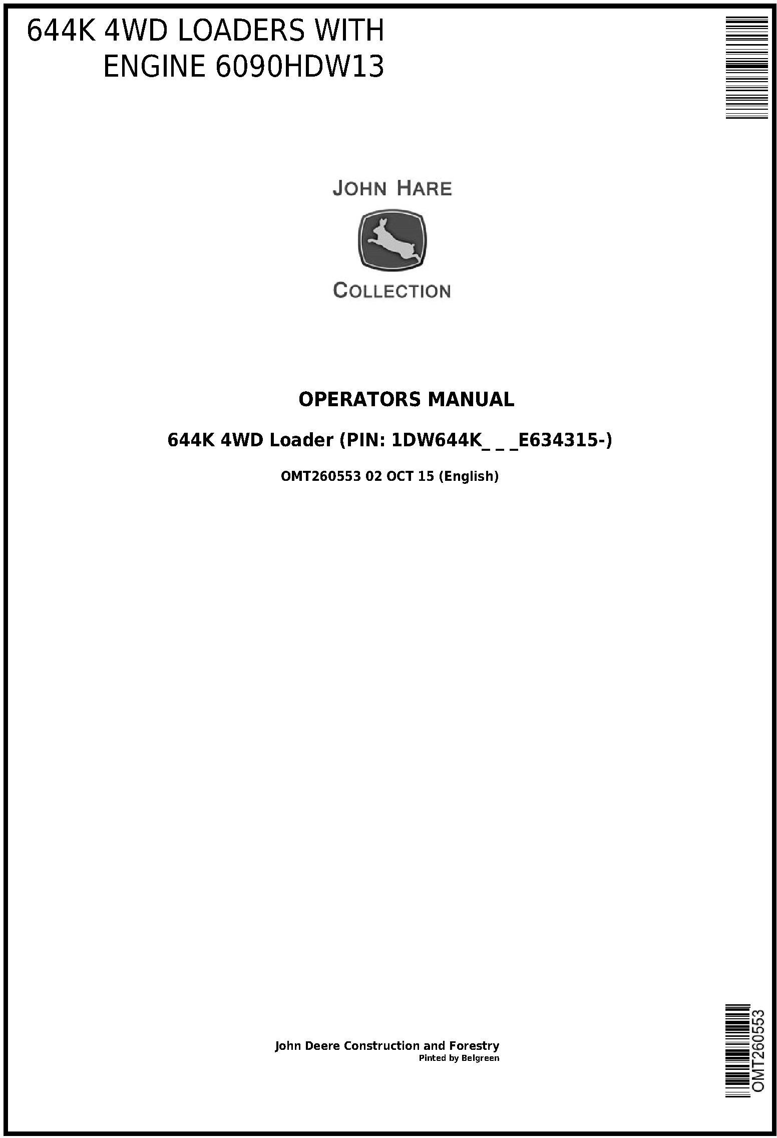 John Deere 644K 4WD Loader Operator Manual OMT260553