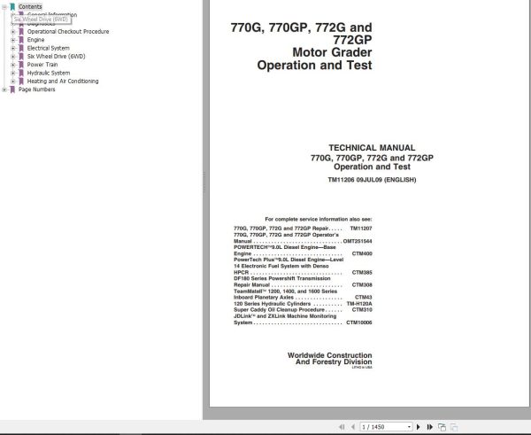 John Deere Motor Grader 770G 770GP 772G 772GP Technical Manual