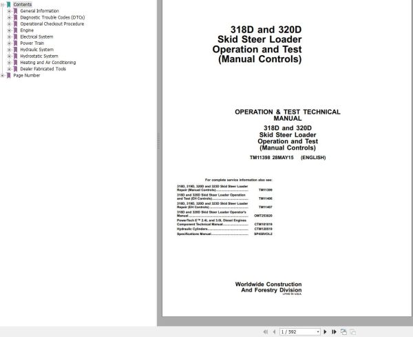John Deere Skid Steer Loader 318D 320D Operation and Test Technical Manual TM11398