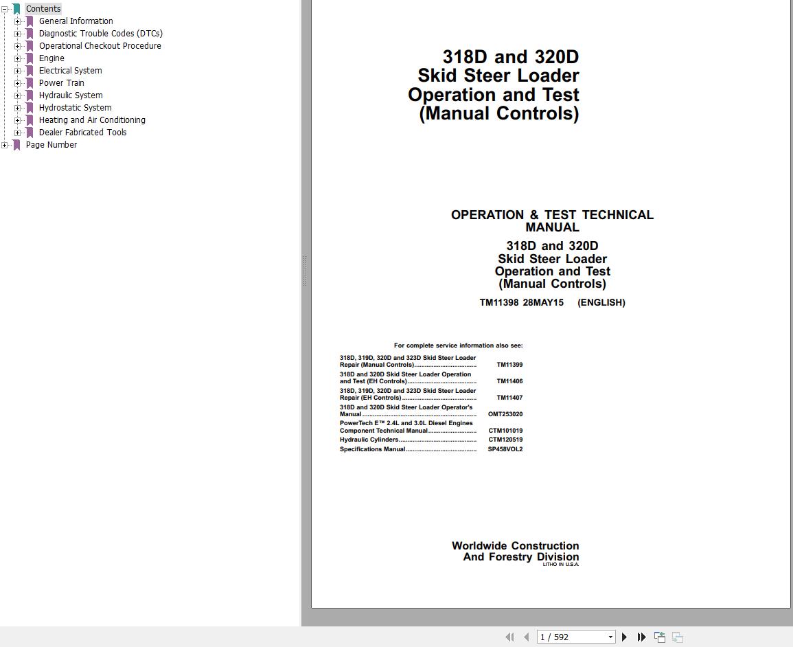 John Deere Skid Steer Loader 318D 320D Operation and Test Technical Manual TM11398