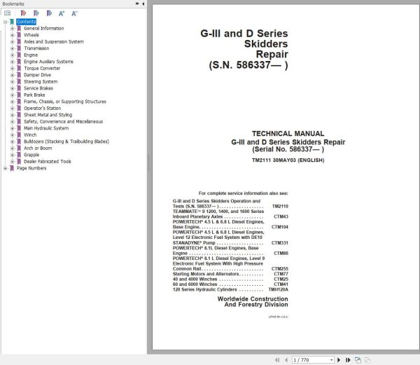 John Deere Skidders G III and D Series Technical Manual TM2111