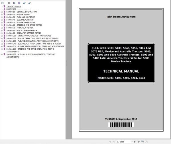 John Deere Tractors 5303 5103 5203 5204 5403 Technical Manual TM900019