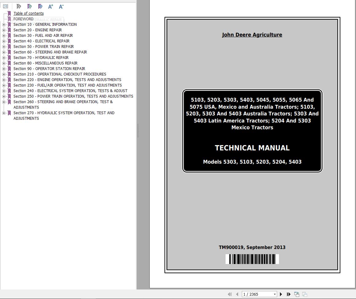 John Deere Tractors 5303 5103 5203 5204 5403 Technical Manual TM900019