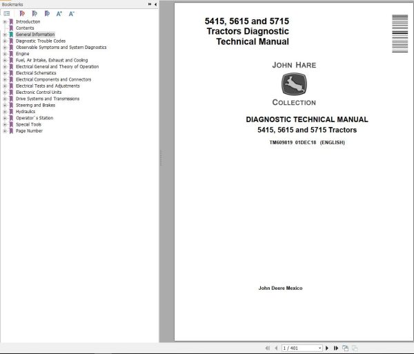 John Deere Tractors 5415 5615 5715 Diagnostic Technical Manual TM609819