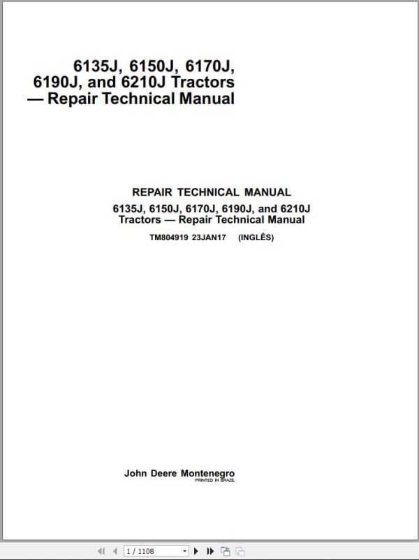 John Deere Tractors 6135J 6150J 6170J 6190J 6210J Repair Technical Manual TM804919