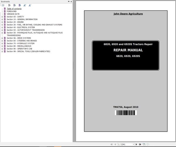John Deere Tractors 6820 6920 6920S Repair Manual TM4756