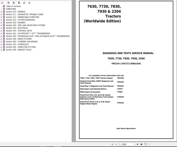 John Deere Tractors 7630 7730 7830 7930 2204 Diagnosis And Tests Service Manual TM2234