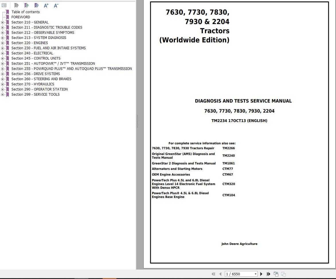 John Deere Tractors 7630 7730 7830 7930 2204 Diagnosis And Tests Service Manual TM2234