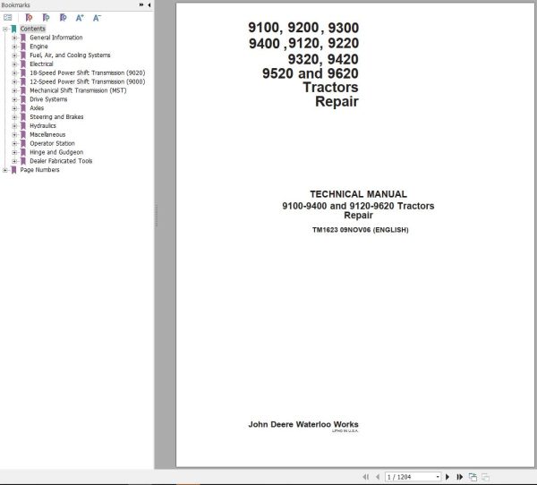 John Deere Tractors 9100 to 9620 Technical Manual TM1623