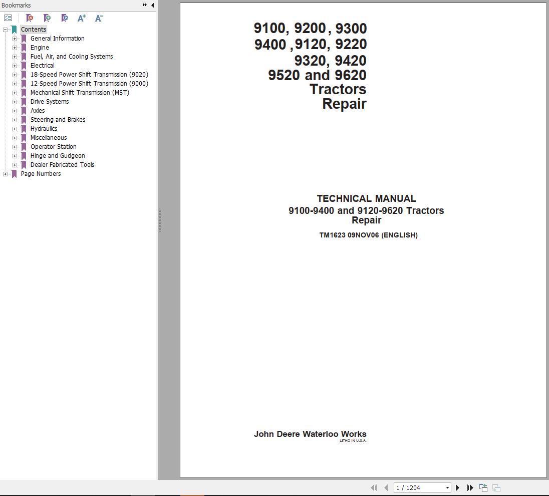 John Deere Tractors 9100 to 9620 Technical Manual TM1623