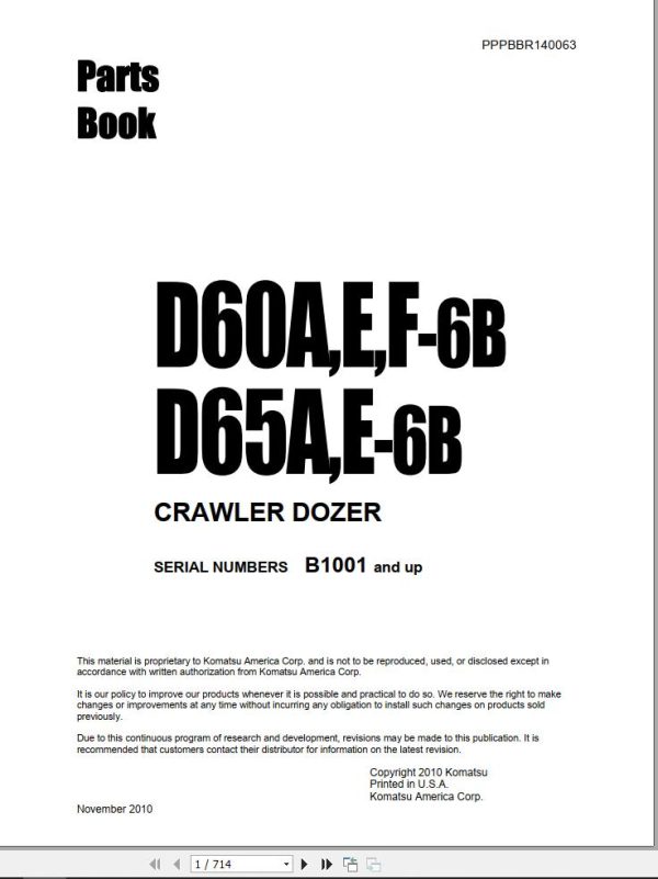 Komatsu Crawler Dozers D60A 6B to D65E 6B Part Book PPPBBR140063