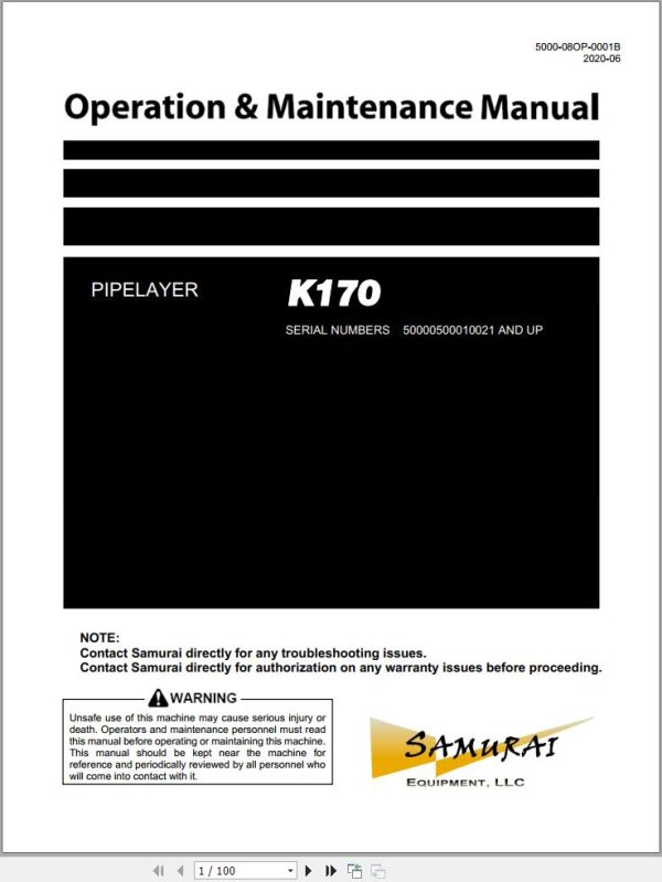 Komatsu PipeLayer K170 Operation Maintenance Manual 5000 08OP 0001B