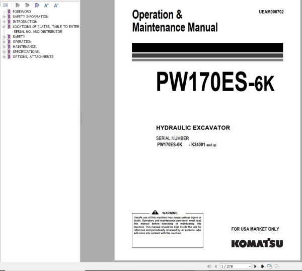 Komatsu Wheeled Excavator PW170ES 6K Operation Maintenance Manual UEAM000702