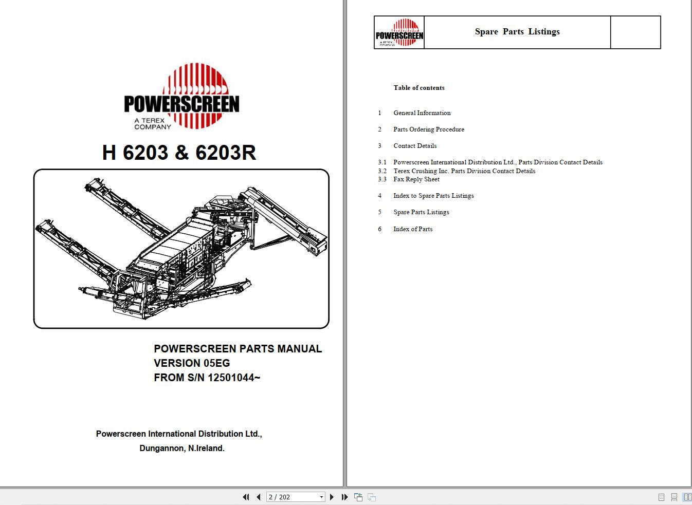 Terex Powerscreen Horizon 6203 6203R Parts Manual