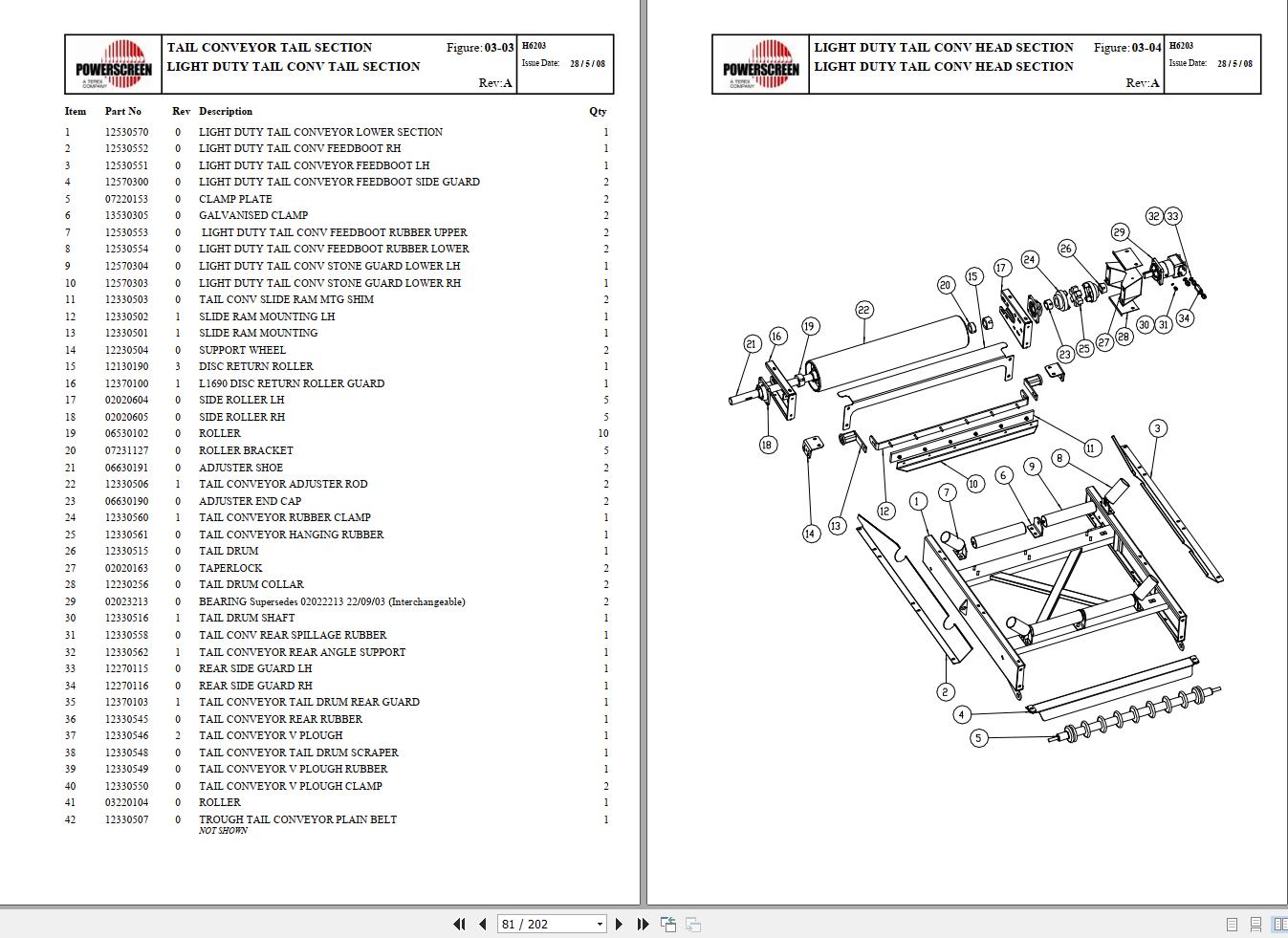 Terex Powerscreen Horizon 6203 6203R Parts Manual