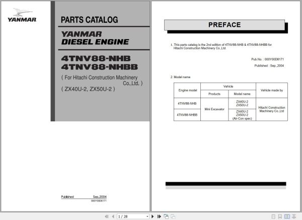 Yanmar Diesel Engine 4TNV88 NHB 4TNV88NHBB Parts Catalog 00Y00D8171 1