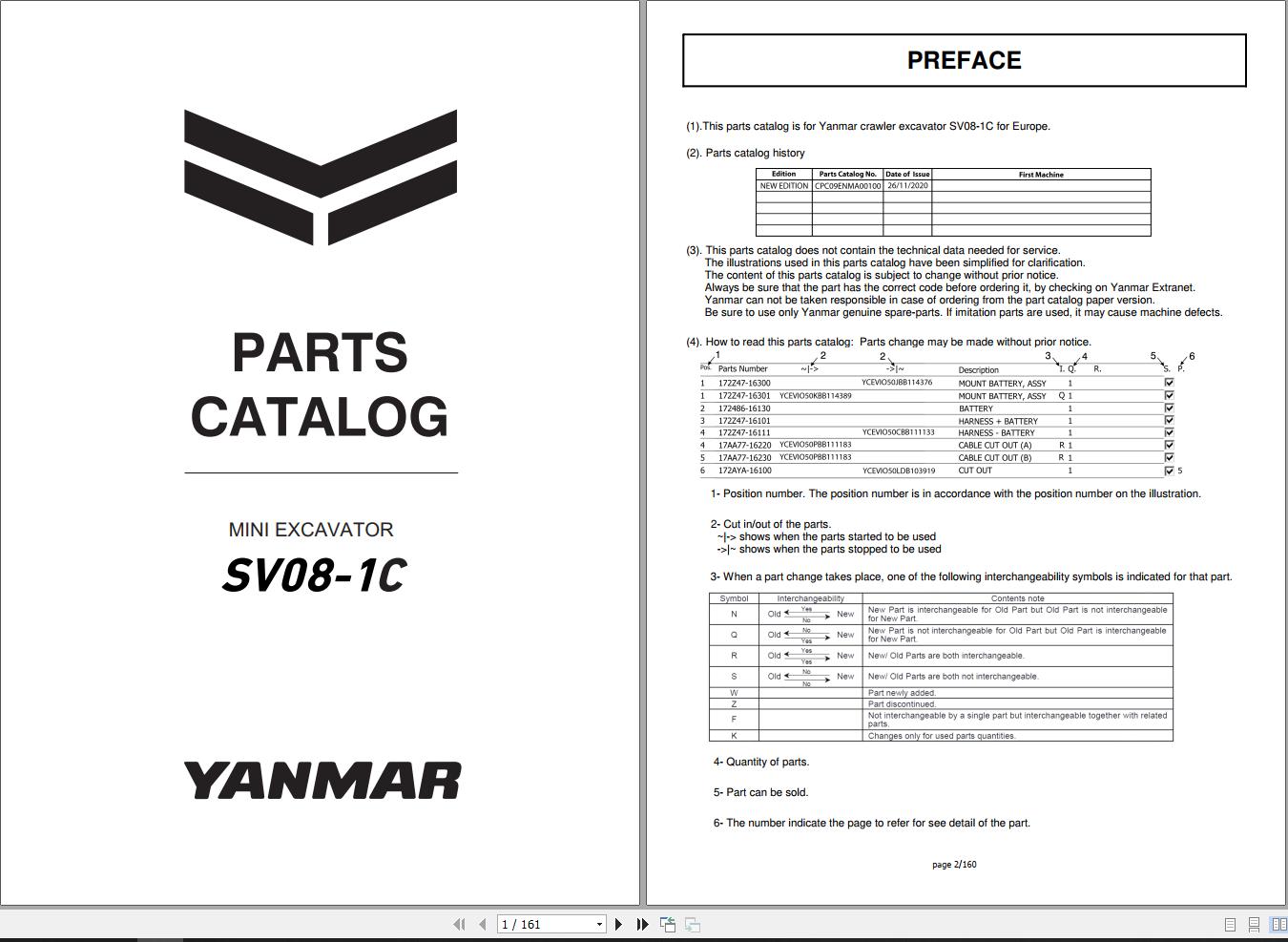 Yanmar Mini Excavator SV08 1C Parts Catalog CPC09ENMA00100