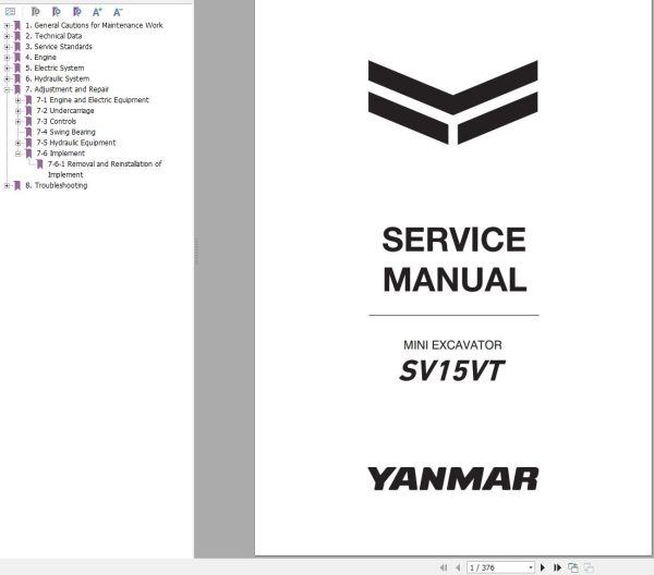 Yanmar Mini Excavator SV15VT Service Manual MMB73ENMA00100