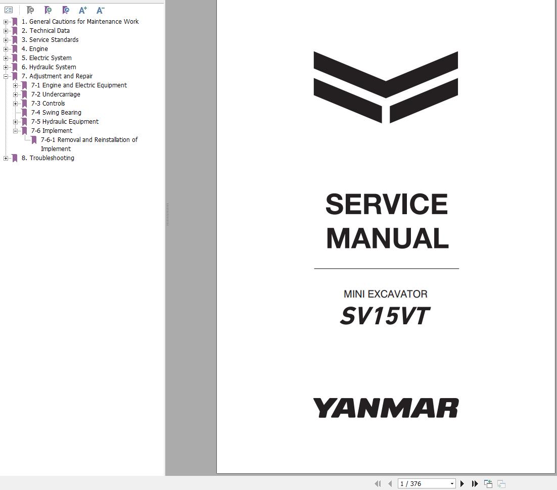 Yanmar Mini Excavator SV15VT Service Manual MMB73ENMA00100