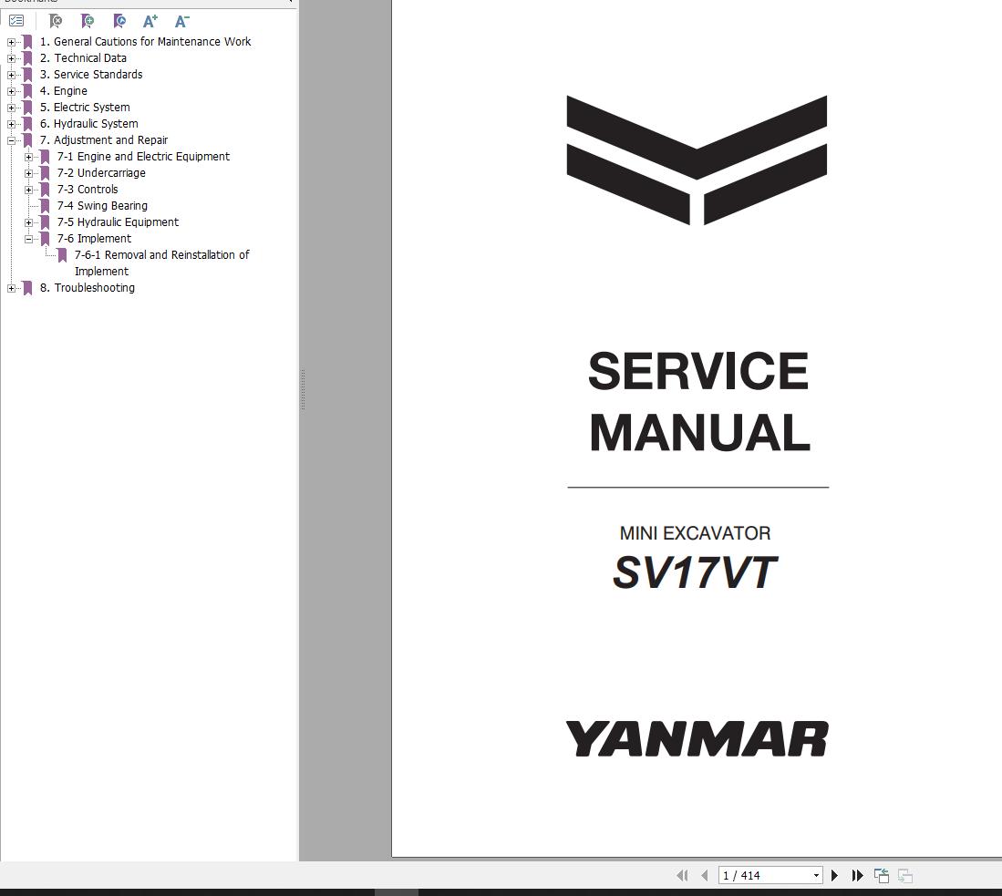 Yanmar Mini Excavator SV17VT Service Manual MMB74ENMA00100