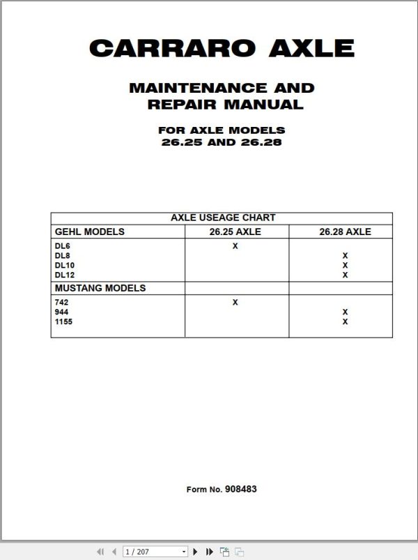 Carraro Axle 26.25 26.28 Maintenance and Repair Manual 908483
