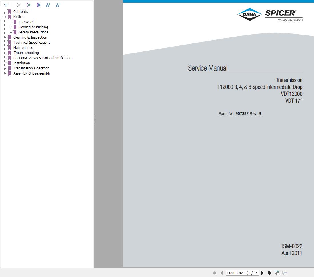 Dana Spicer Transmission T12000 Service Manual 907397 b