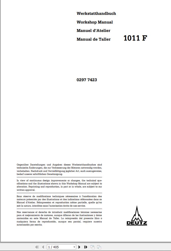 Deutz Engine 1011F Workshop Manual 915097