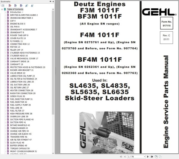 Deutz Engine F3M1011F BF3M1011F F4M1011F BF4M1011F Parts Manual