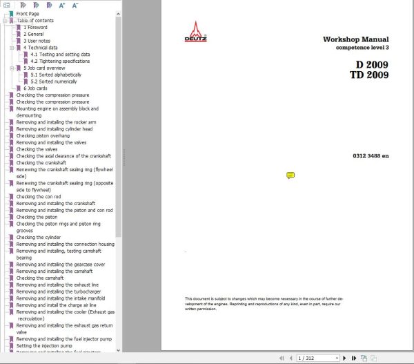 Deutz Engine TD2009 D2009 Workshop Manual 03123488