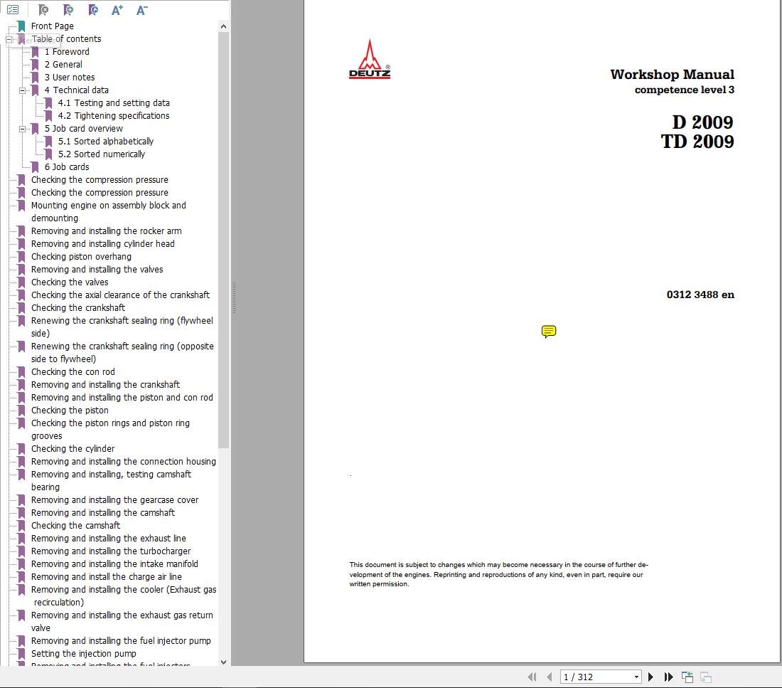 Deutz Engine TD2009 D2009 Workshop Manual 03123488