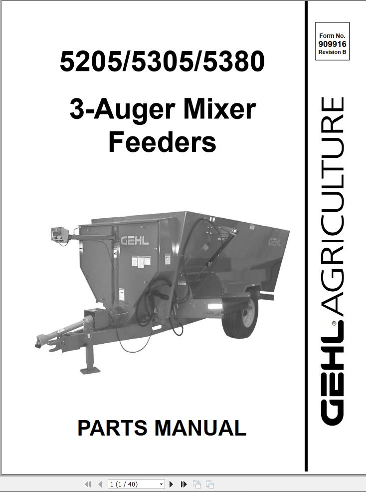 GEHL 3 Auger Mixer Feeders 5205 5305 5380 Parts Manual 909916B