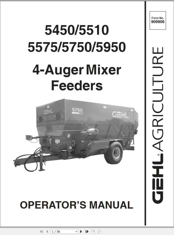 GEHL 4 Auger Mixer Feeders 5450 5510 5575 5750 5950 Operators Manual 909906A