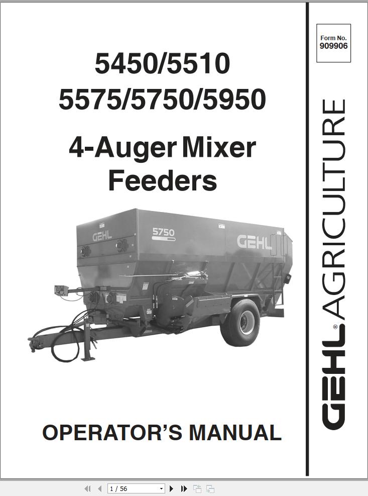 GEHL 4 Auger Mixer Feeders 5450 5510 5575 5750 5950 Operators Manual 909906A