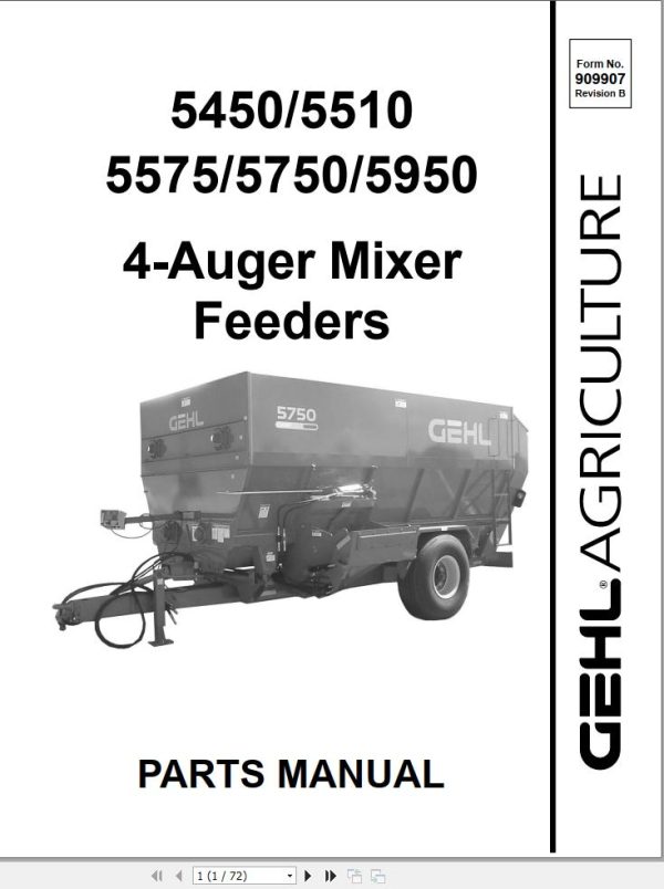 GEHL 4 Auger Mixer Feeders 5450 5510 5575 5750 5950 Parts Manual 909907B