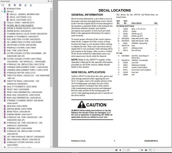 GEHL All Wheel Steer AWS36 Parts Manual 918263