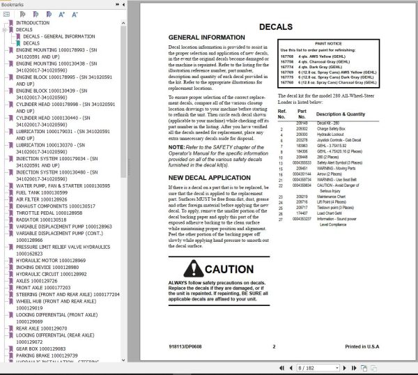 GEHL All Wheel Steer Loader 280 Parts Manual 918113