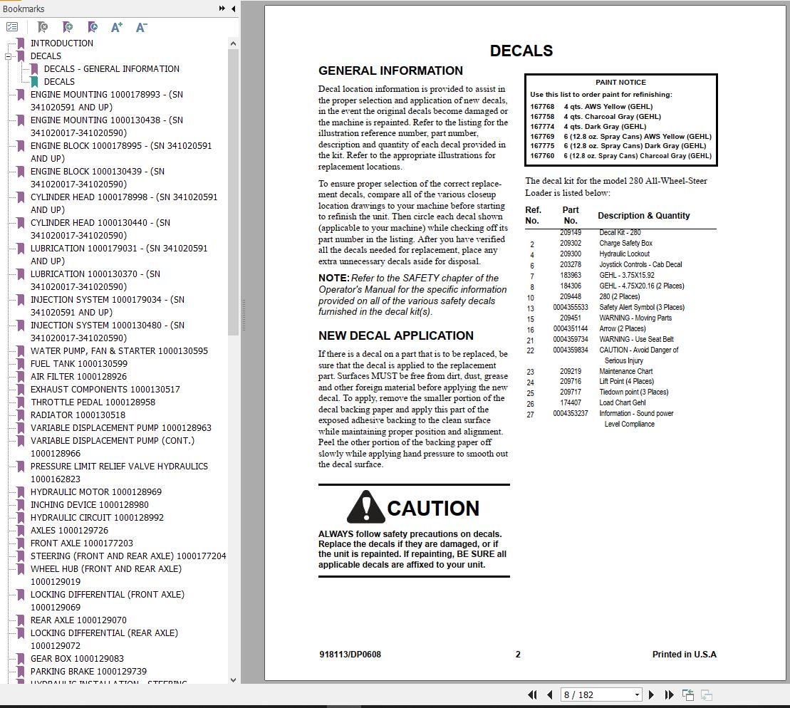 GEHL All Wheel Steer Loader 280 Parts Manual 918113
