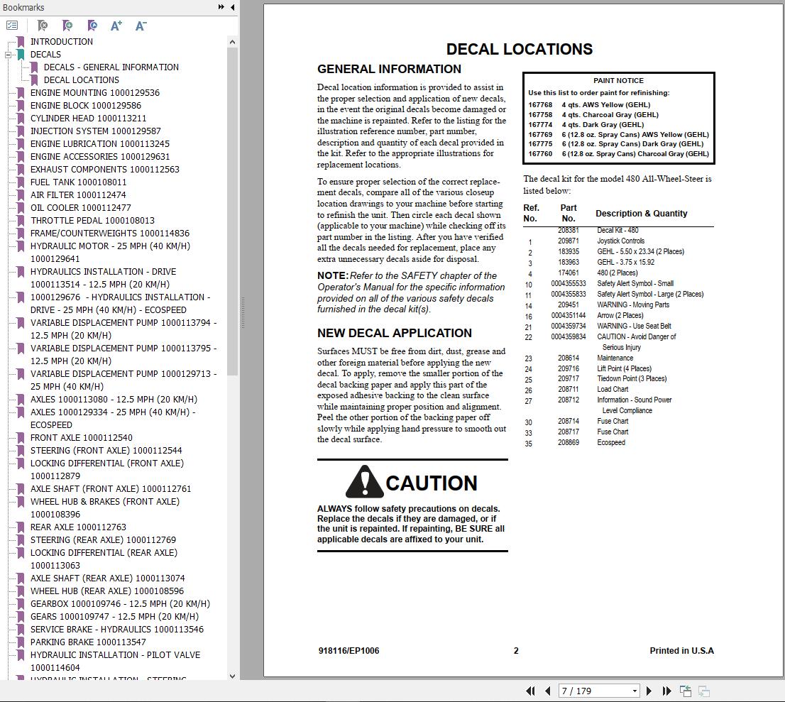 GEHL All Wheel Steer Loader 480 Parts Manual 918116