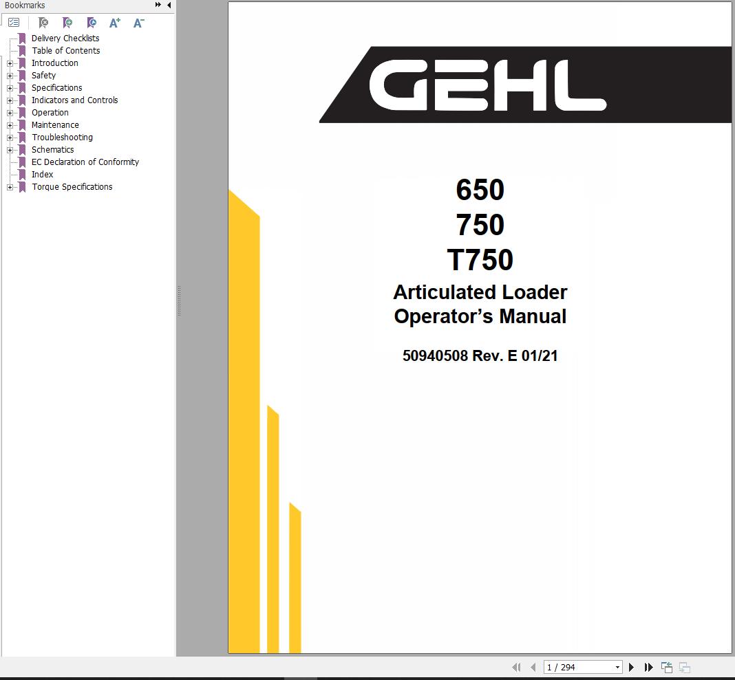 GEHL Articulated Loader 650 750 T750 Operators Manual 50940508E