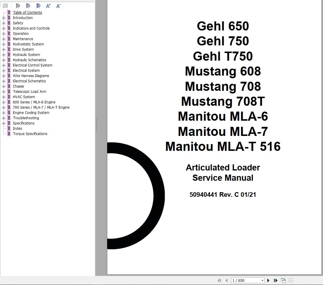 GEHL Articulated Loader 650 750 T750 Service Manual 50940441C