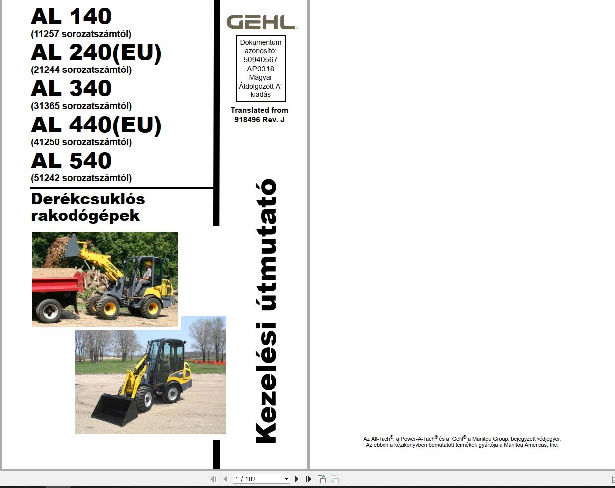 GEHL Articulated Loader AL140 AL240 AL340 AL440 AL540 Operators Manual 50940567A HU 1