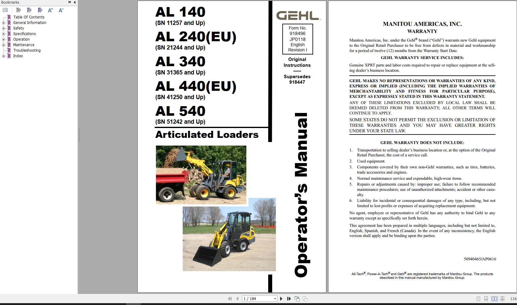 GEHL Articulated Loader AL140 AL240 AL340 AL440 AL540 Operators Manual