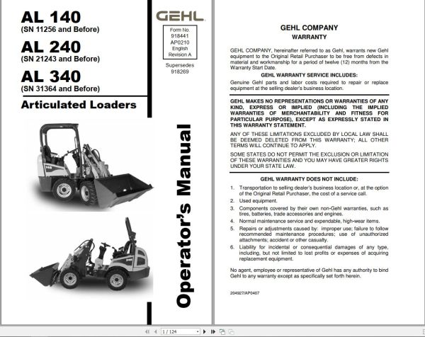 GEHL Articulated Loader AL140 AL240 AL340 Operators Manual 918441A