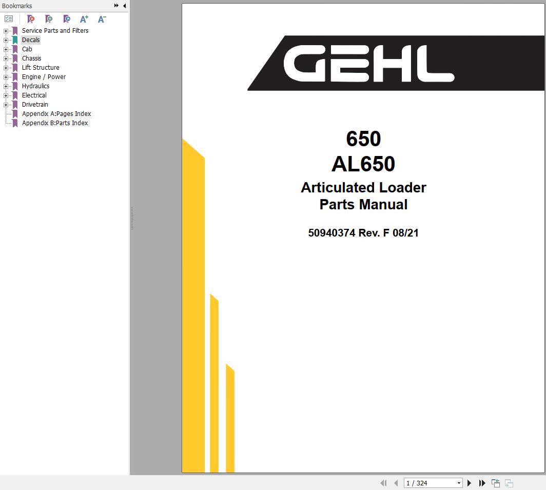 GEHL Articulated Loader AL650 Parts Manual 50940374F