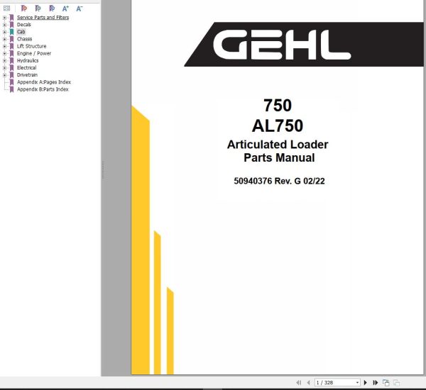 GEHL Articulated Loader AL750 Parts Manual 50940376G